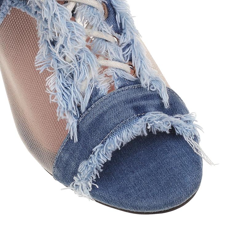 Fashion Women's New European and American Denim Mesh Spring/Summer Lace Lace Lace High Heel Size Open Toe Fish Mouth Cool Boots
