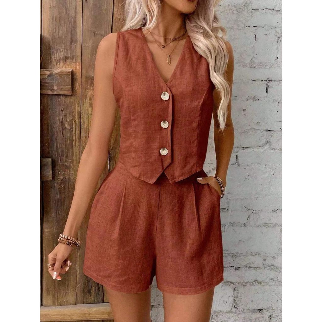 Todelt ermeløs damevestsett i plussstørrelse for kvinner, ensfarget med knapper