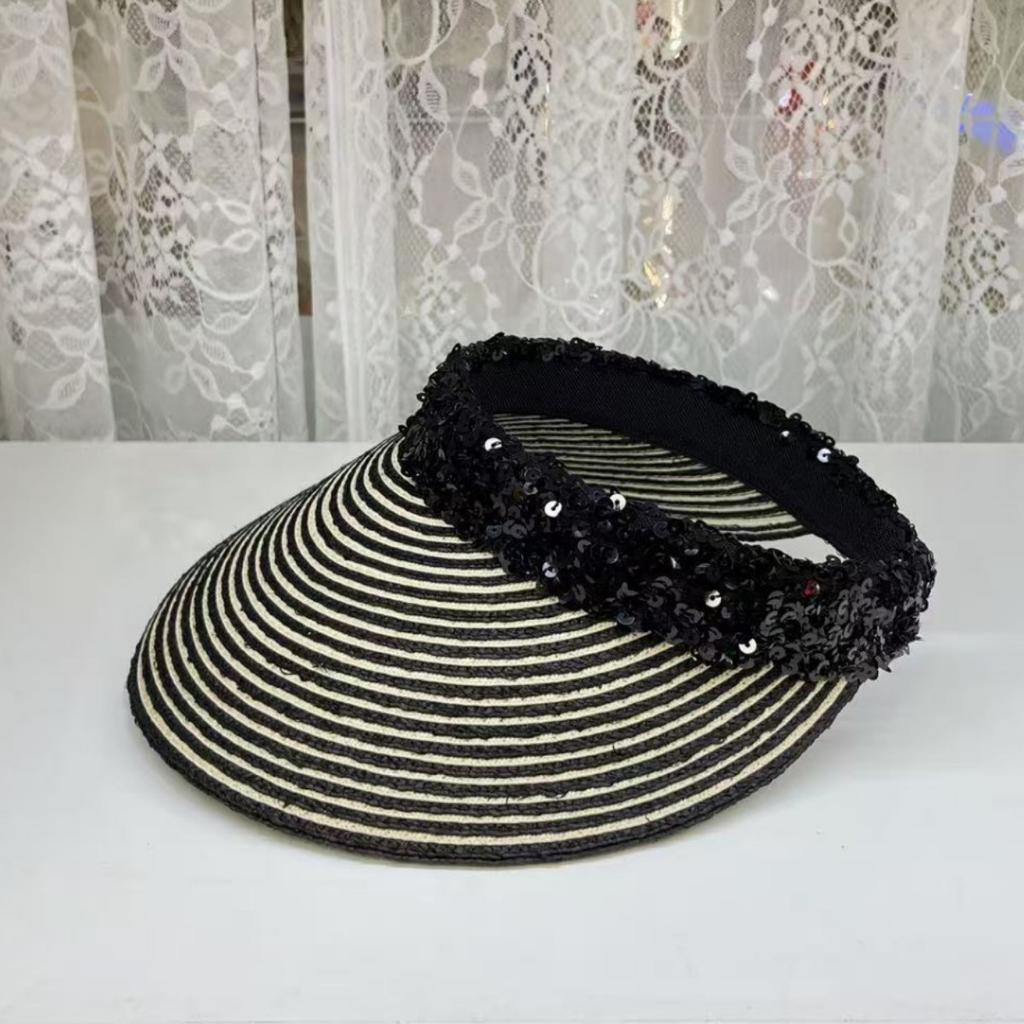 Light Luxury High-end Raffia Empty Top Straw Hat Women's Summer Sunshade Cap Sun Protection Big Edge Sun Hat Sequined Hat
