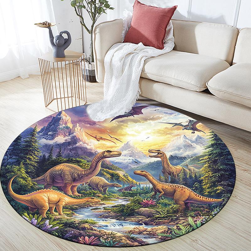 Dinosaur Landscape Round Area Rug,Carpet Rug for Living Room Bedroom Sofa Playroom Decor,Non-slip Floor Mat
