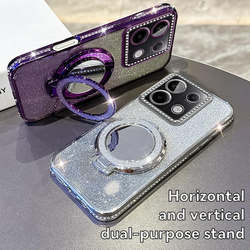 KEYSION Glitter Jewelled Magnetic Phone Case for Redmi Note 13 4G 13 Pro+5G Mirror Stand Shockproof Cover for Xiaomi POCO X6 M6 Pro