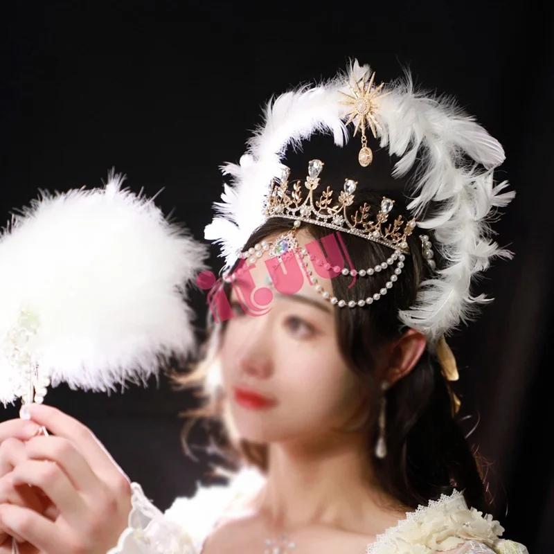 Handmade Halo Crown Headpiece Lolita Goddess KC Gothic White Angel Feather Wings Halo Crystal Crown Headband Hair Accessories