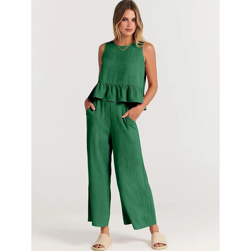 Summer Two Piece Set Women Casual Sleeveless Pleated Pants Sets Wide-leg Loose Clothes 2 Piece Sets O Neck Trouser Suits