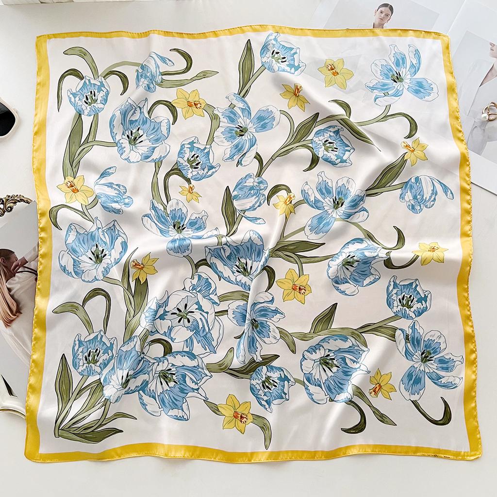 Summer Thin Floral Square Scarf For Women Hair Bag Decoration