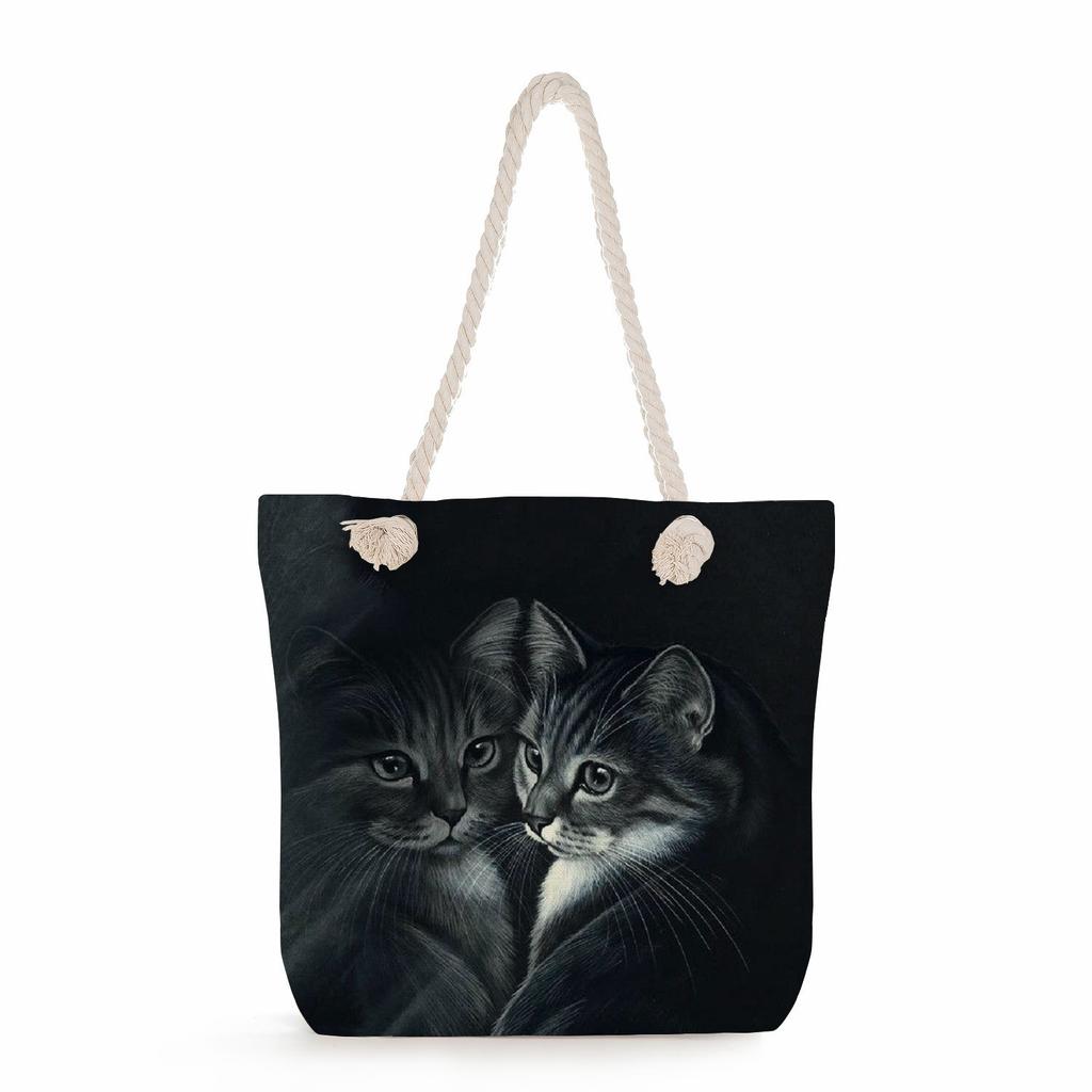 Multifunctional Cute Cat Printed Thick Rope Shoulder Beach Bag Casual Large Capacity Handbag 7608 KTB