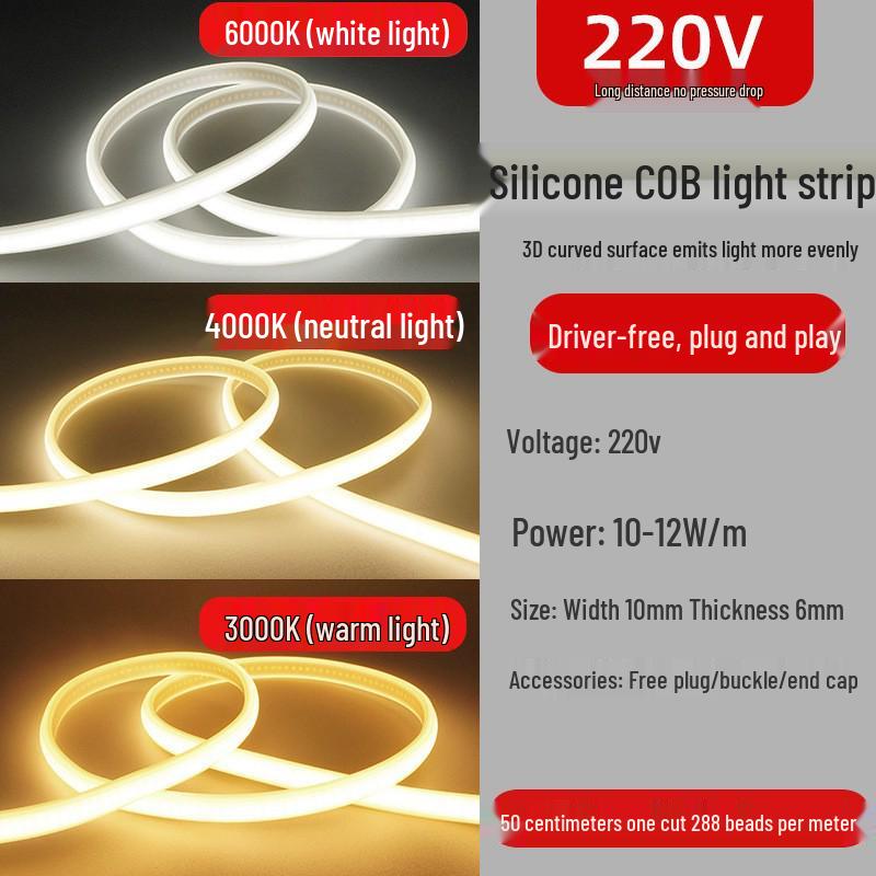 LED Outdoor Waterproof 220V COB Light Strip - Super Bright, Flexible Linear Lighting