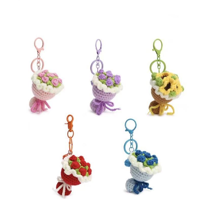 Cute Crochet Bouquet Keychain Mini Hand-Knitted Flower Keychain Ring Car Bag Hanging Pendant Ornament Lover Valentine'S Day Gift