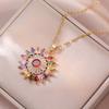 Luxury Female Crystal Rainbow Stone Big Sunflower Pendant Necklace Vintage Gold Color Wedding  For Women