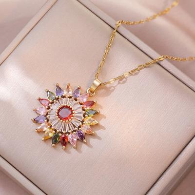 Luxuriöse Damen Kristall Regenbogenstein Große Sonnenblumen Anhänger Halskette Vintage Goldfarbe Hochzeit Für Frauen