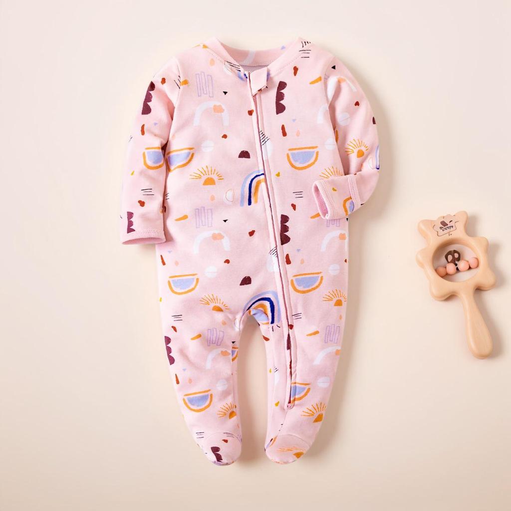 Noworodek Letni Pajacyk: Cienkie, z długim rękawem, podwójny zamek błyskawiczny, oddychające, pajacyk do raczkowania dla niemowląt ze stopkami