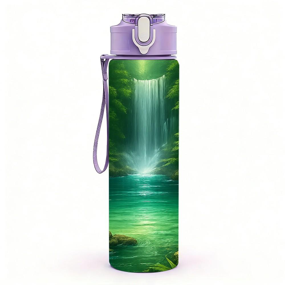 1PC Green Forest Waterfall Nature Scene Print 750ml Color Plastic Sports Water Bottle Leakproof Flip Straw Lid Suitable for Sports Office Home Use