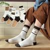 Female Spring and Autumn Pure Color Cotton Striped Embroidered Small Flower Boneless Long Tube Stack Socks
