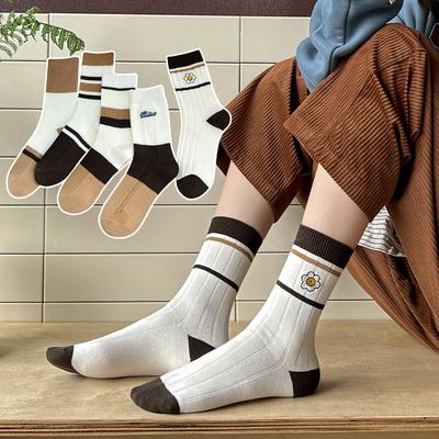 Female Spring and Autumn Pure Color Cotton Striped Embroidered Small Flower Boneless Long Tube Stack Socks