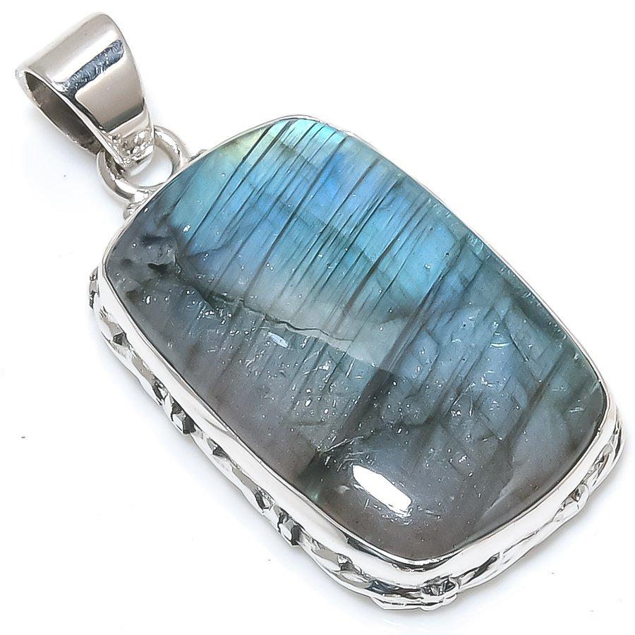Natural Labradorite Gemstone 925 Solid Sterling Silver Gift Pendant 1.75" W8w45