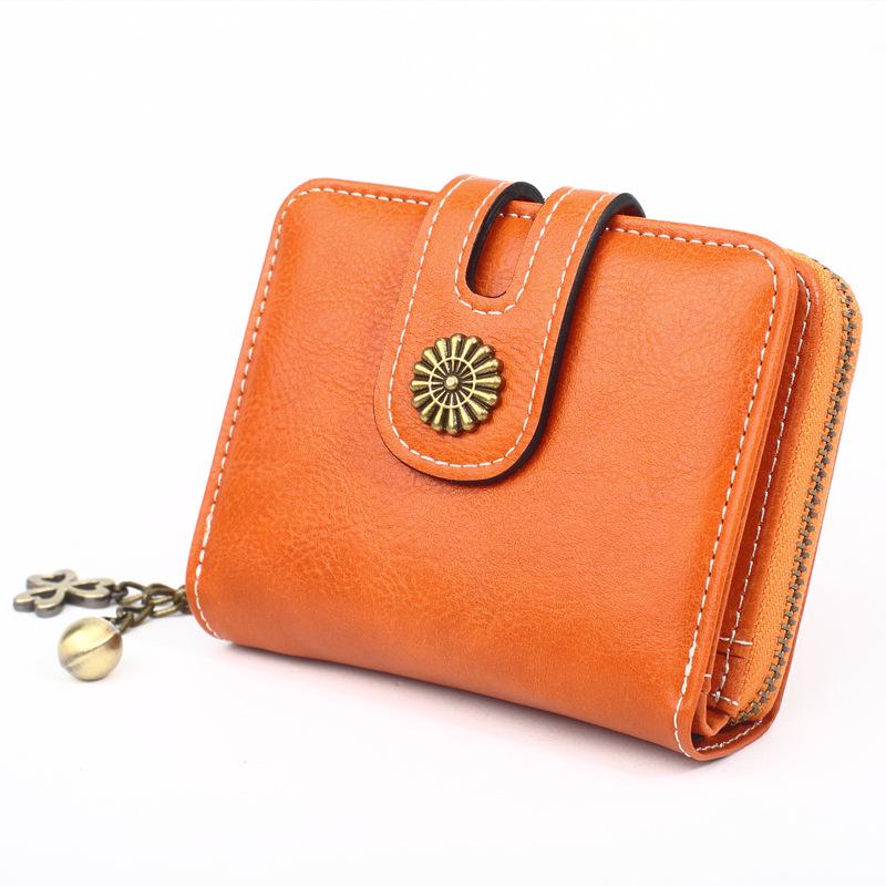 Винтажный кошелек на молнии короткий трехкратный маленький кожаный кошелек женский кожаный кошелек из восковой кожи сумка для монет оранжевый 1379₽