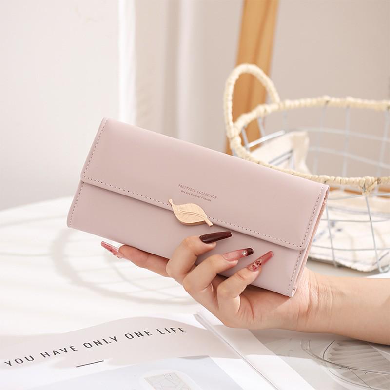 Women's Large Capacity PU Leather Long Wallet, Solid Color with Leaf Buckle – Japanese/Korean Style Clutch