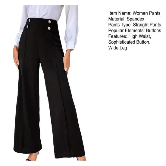 Women Pants High Waisted Wide Straight Leg Trousers Spring Autumn Casual Trousers with Button Detail for Work Daily Wear