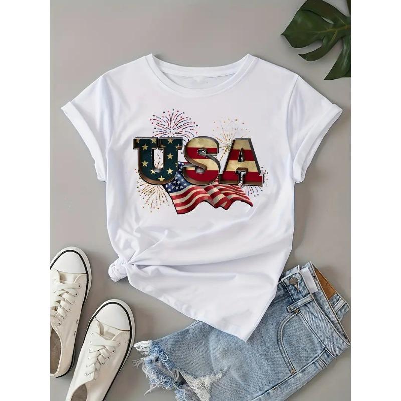 

Американская футболка женская ко Дню независимости с 3D-принтом, с круглым вырезом, с коротким рукавом, летняя 6XL