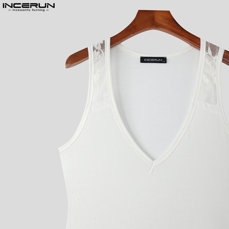 INCERUN Letní pánské tílko s V výstřihem, bez rukávů, s krajkovými ramínky, úzké, ležérní