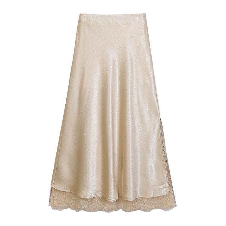 Fei Yuan Women's Satin A-line Drape Skirt, Lace-lined, Solid Color, Early Spring 2026 Fashion Arrival