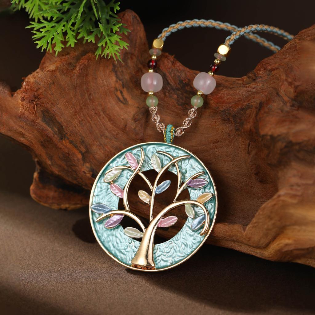 New color painting oil hollow tree of life woven rope long pendant women's retro crystal beaded long necklace