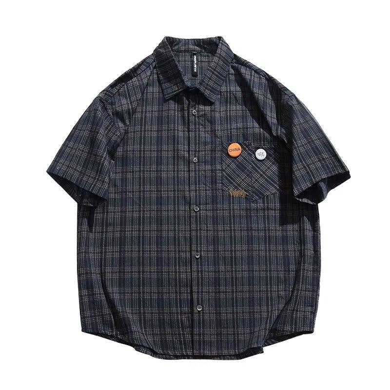 Checkered Striped Summer Thin Collar Short Sleeved Shirt Casual Loose Men'S And Women'S Five Quarter Sleeve Trendy Brand Shirt