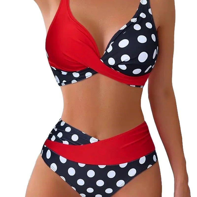 European And American New Printing Color Matching Polka Dot Cross Backless Sexy Split Swimsuit Bikini Women