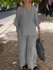 2024 Women's Cotton & Linen Casual Two-Piece Set with Seven-Sleeve Top & Wide-Leg Pants