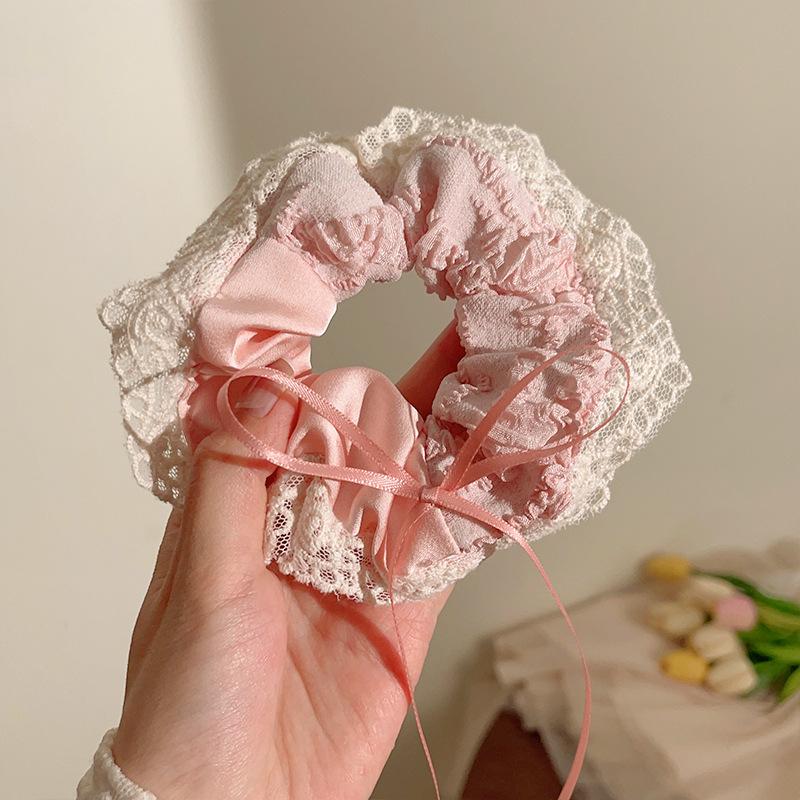 Fresh And Sweet Pink Lace Large Intestine Hair Band Double-Spell Bow Ribbon Hair Tie Rubber Band Obedient Girl Hair Accessories