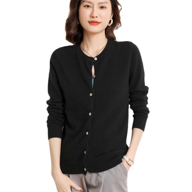 Women's Cashmere Cardigan: Round Neck, Loose-Fit, Multi-Button, Slimming Solid Color Sweater