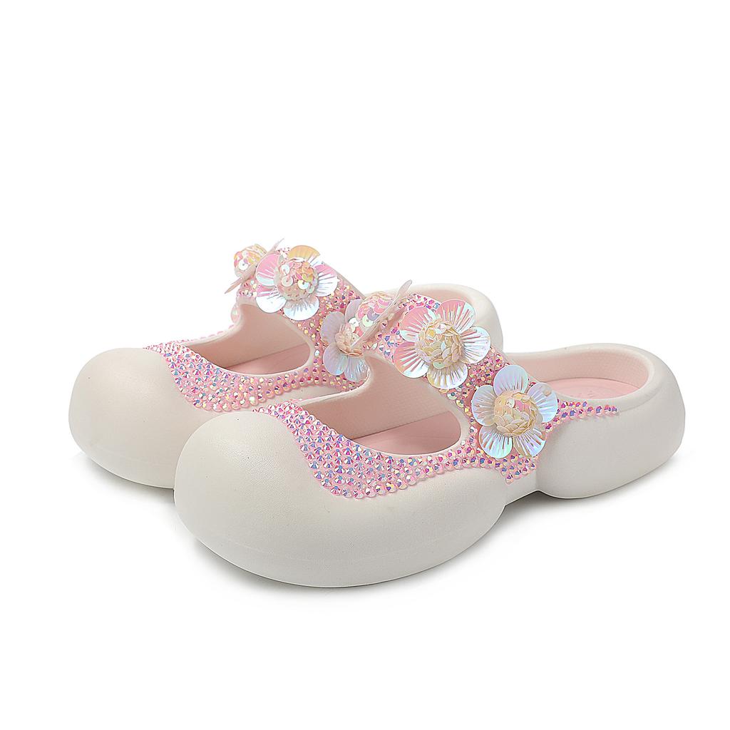 Fashion Handmade Diamond Inlaid Mary Jane Pink Slippers New Sweet Flower Sequins Thick Sole Heightening Net Red Summer Beach Sandals
