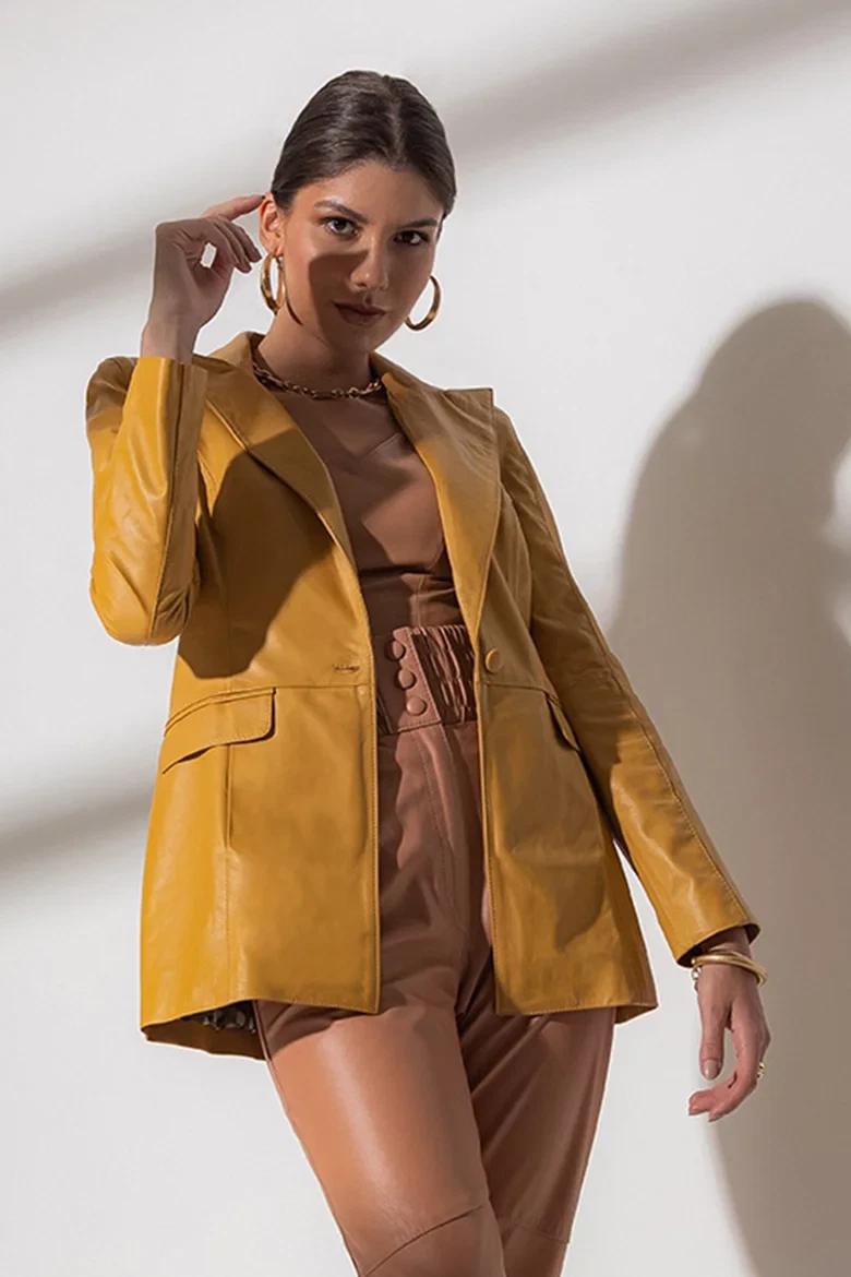 

Leather Party Wear Stylish Blazer Yellow Button Genuine Women s Real Lambskin 3XL