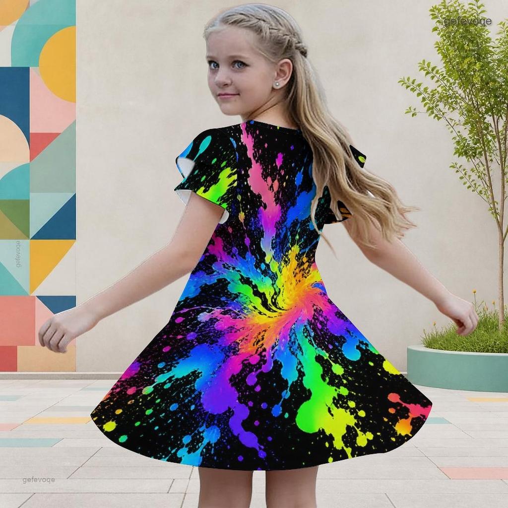 Girls Round Neck Flutter Sleeve American Flag Printed A Line Dress Black Red White