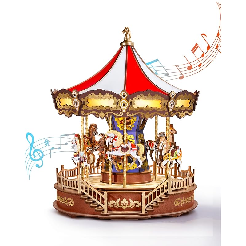 ROBOTIME 3D Wooden Puzzle with LED Lights, Assembly Required, Music Box, Classic Merry-Go-Round, Craft Kit, DIY Craft, Interior Decor, Time Killer,