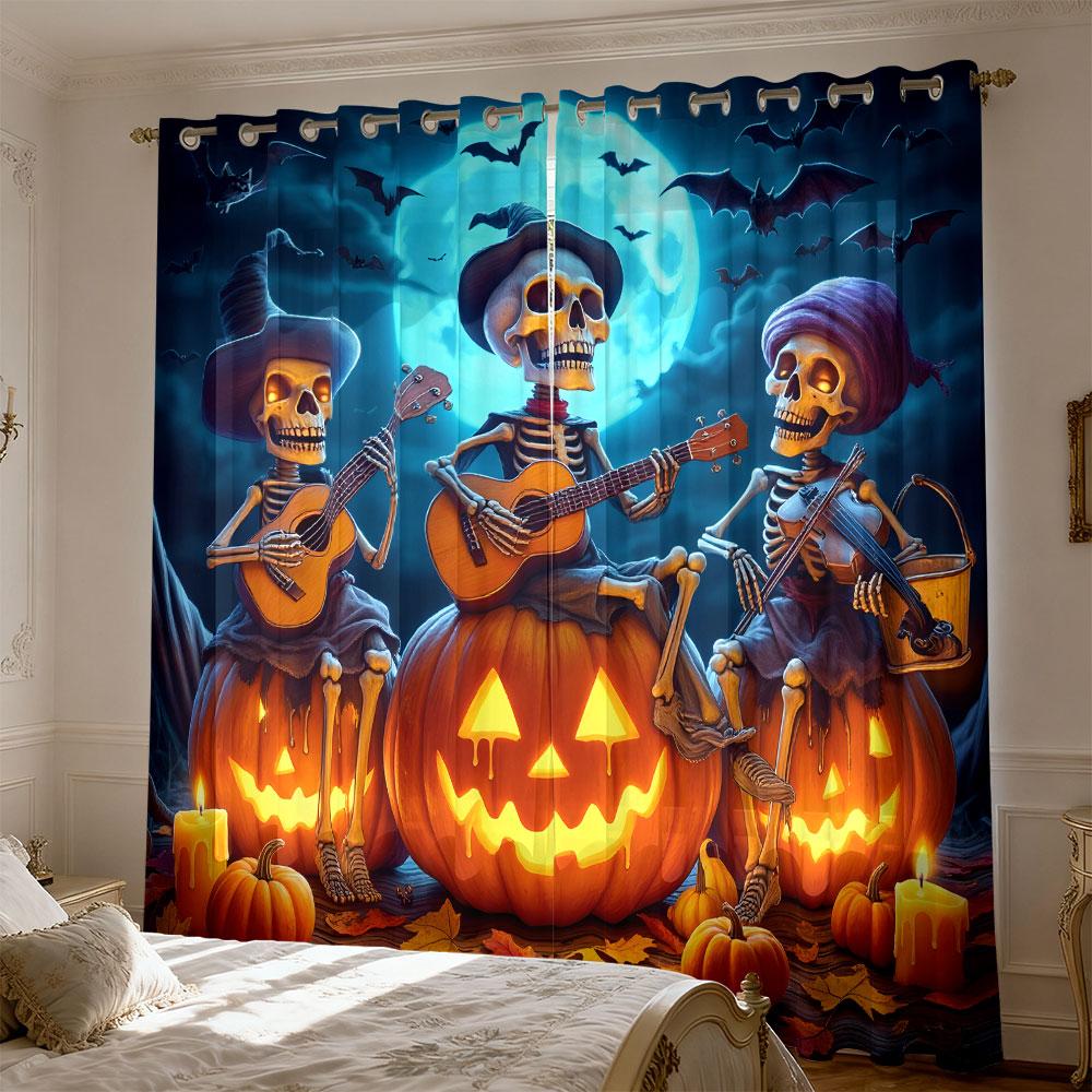 2pcs Halloween Skull Band Pumpkin Moonlight Curtains for Blocking Light in Bedrooms and Home Fashion Decoration