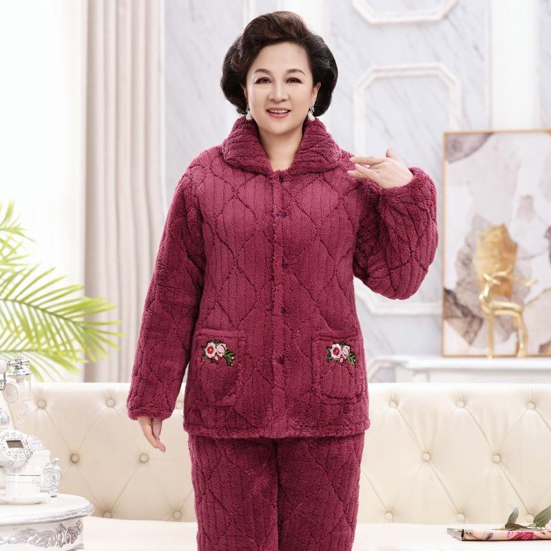 Winter padded pajamas three-layer thickened coral fleece loungewear women's plus size pajamas set