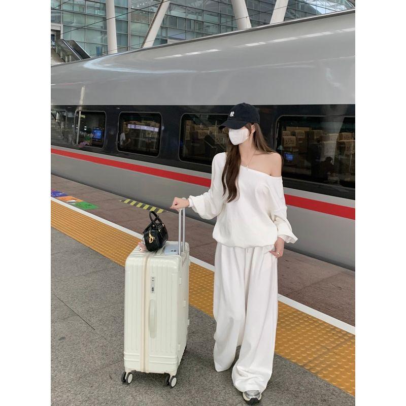 Kumikumi Idle Style Set White Sloping Shoulder Long Sleeve Hoodie Women Autumn High Waist Slimming Casual Pants Two-piece Set