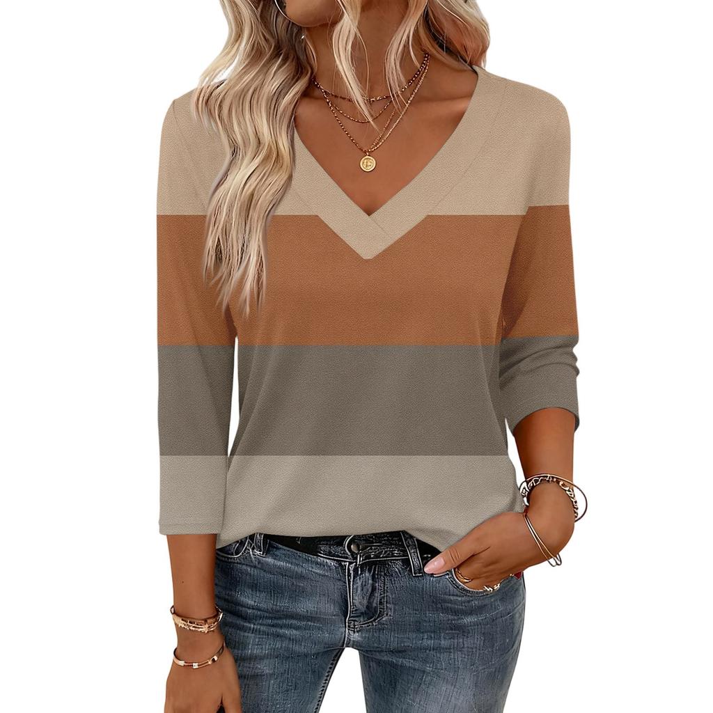 Damskie bluzki z rękawem 3/4, koszulki z dekoltem V, casualowe bluzki, podstawowe t-shirty
