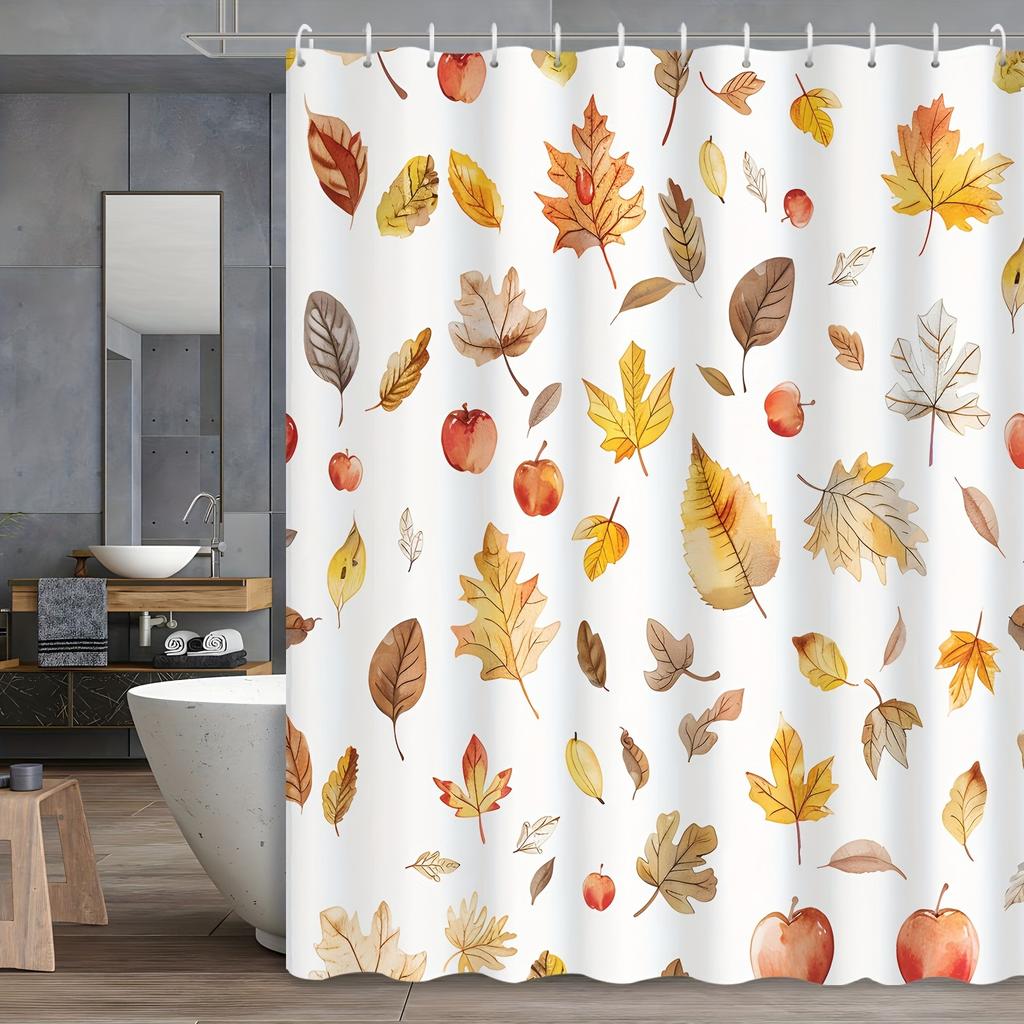 Autumn Maple Leaves Shower Curtain - Cartoon Plant Illustration, 12 Hooks, Decorative Printed, Includes Bath Accessories