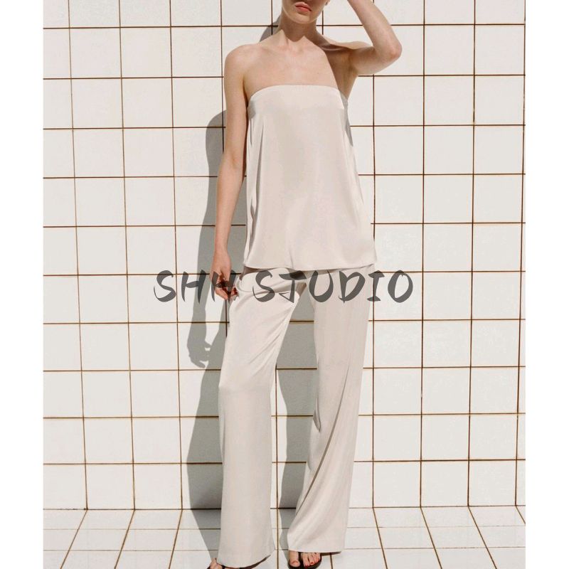 Strapless Straight Collar Silk Satin Texture Plaid Tube Top Tops 4772026 Silk Satin Texture High-Waisted Trousers 5427429