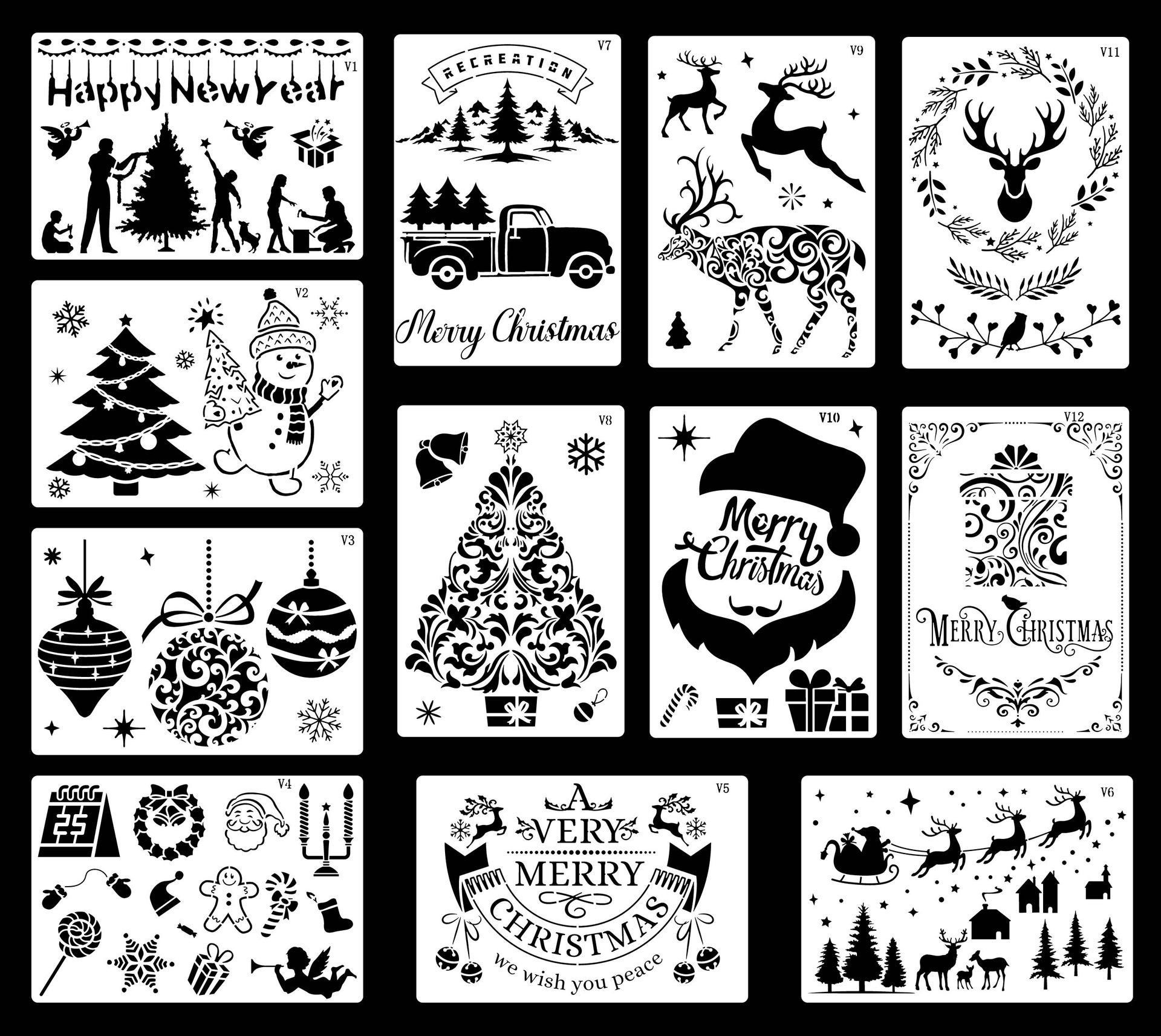 

12 шт./набор, Декорация аэрозольной краской, Рождественский шаблон для рисования, Полый шаблон, Инструменты для рисования своими руками, Маскировка фасада, Шаблон для распыления 12pcs