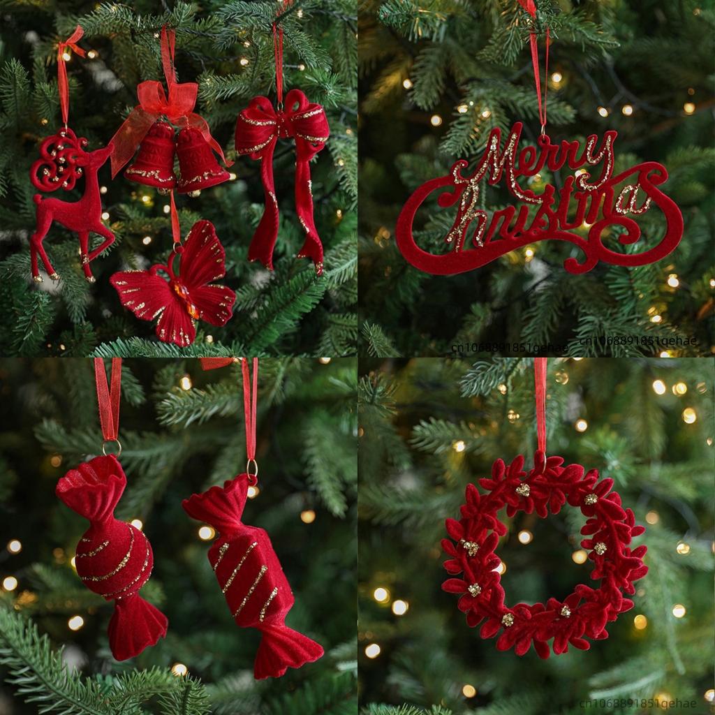 Red Flocking Christmas Bow Wreath Bell Christmas Tree Snowfall Elk Pendant Hanging Ornament Navidad  Noel Home Party Decor