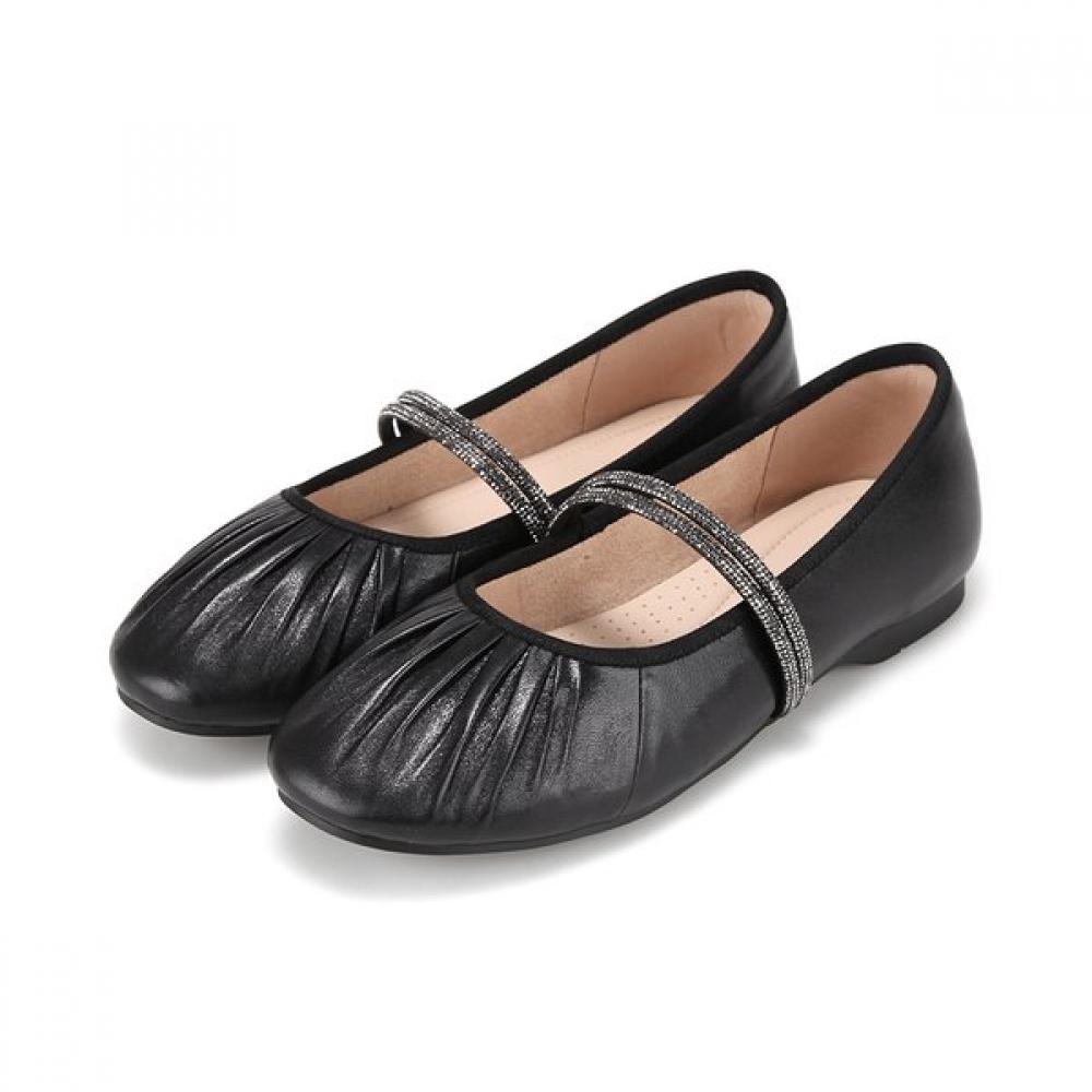 Barbara Lambskin Pleated Soft Jewel Strap Mary Jane Flat 1.5cm 2 Colors 225/01.black