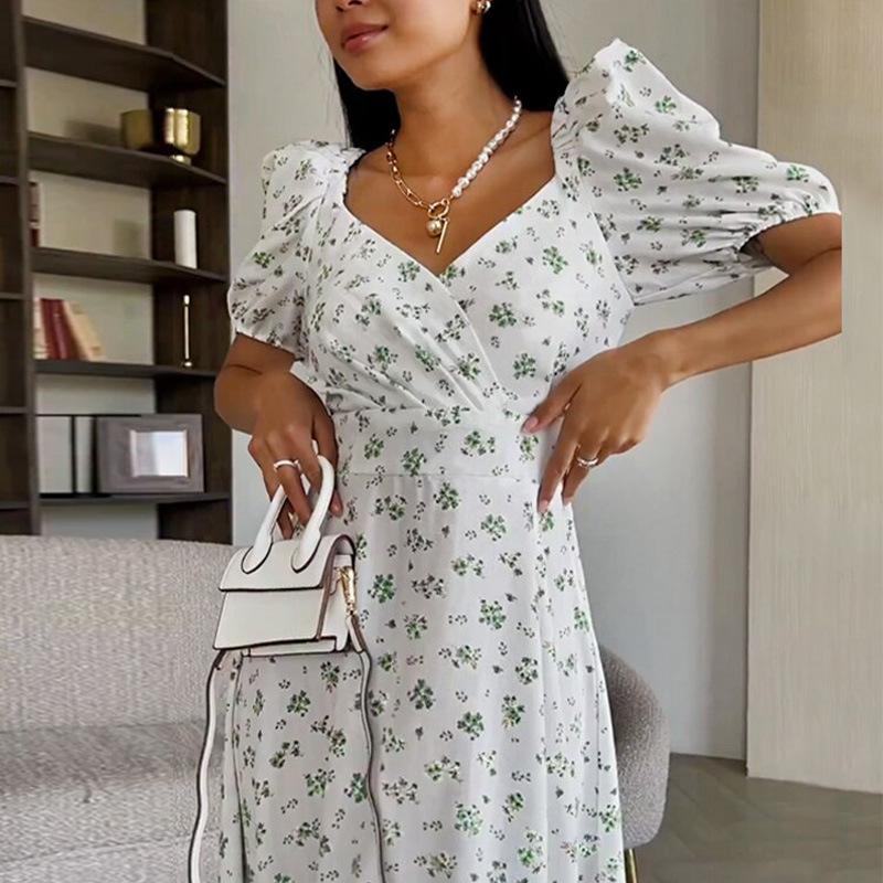 Dopamine Wears New Women's Sexy V-neck Puff Sleeve French Elegant Floral Dress