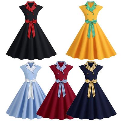 2023 Elegant Polka Dot Lapel Dress with Slimming Wide Hem and Belt