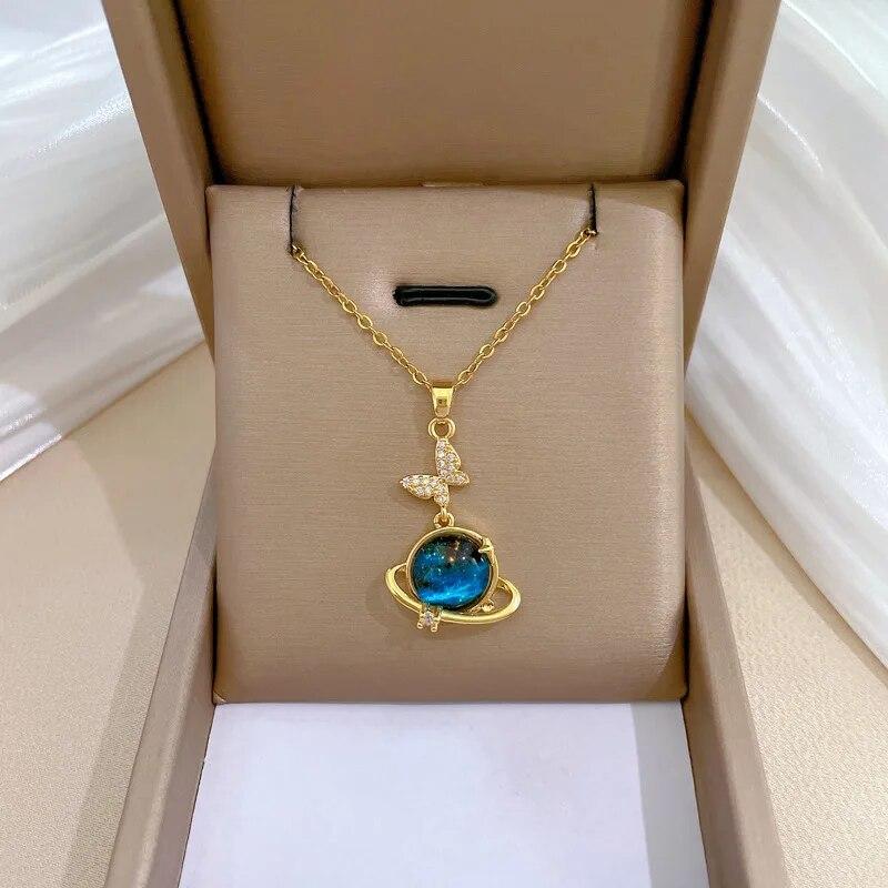 Y2K Starry Sky Planet Light Luxurious Temperament Gorgeous Necklace Star and Moon Versatile Stainless Steel Clavicle Chain