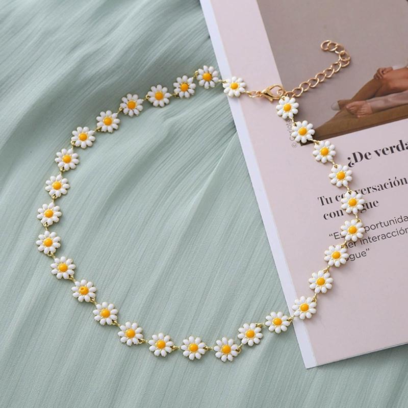Painted Flower Choker Small Daisy Necklace Adjustable Clavicle Chain for Women Girls Handmade Bracelet Earrings Jewelry