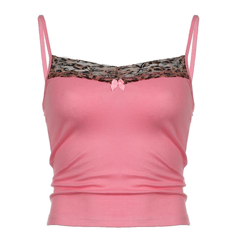

European & American Leopard Print Lace Trim Camisole - Sexy Slim-Fit U-Neck Vest L розовый