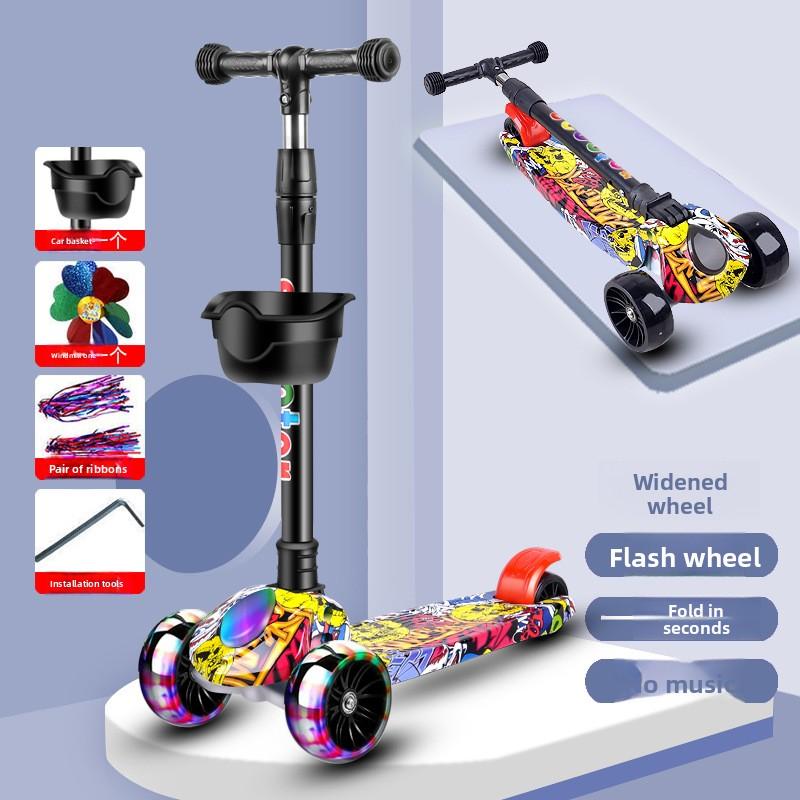 

Детский ножной самокат с музыкой и складным сиденьем, светящимися колесами, регулируемой высотой для детей 2-12 лет, велосипедный кик-самокат