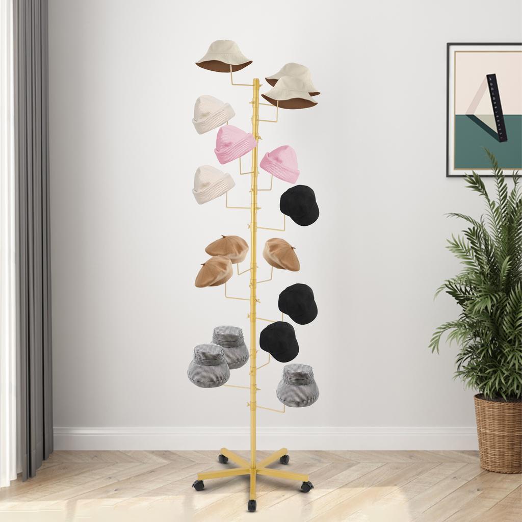 Gold 16-Hook Free Standing Hat Rack, 30lbs Capacity Display Stand for Closet, Modern Entryway & Boutique, Space-Saving Organizer